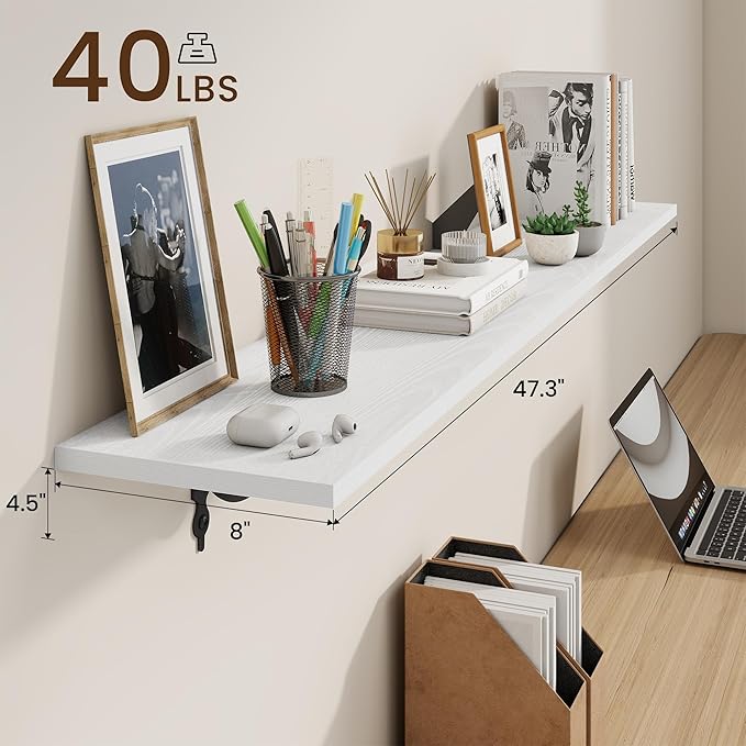 RICHFOCUS Floating Shelves for Wall Decor, 47.3W x 8D Shelves Set of 2, 8 Inch Deep Rustic Wood Shelves Wall Mounted with Brackets, Long Floating Shelves for Living Room Bedroom Kitchen, White