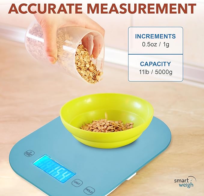 Smart Weigh Blue Digital Kitchen Scale for Cooking, Weight Loss, Calorie Tracking, Baking, Food Portion Control, and Meal Prep - Accurate Measurements in Grams and Ounces