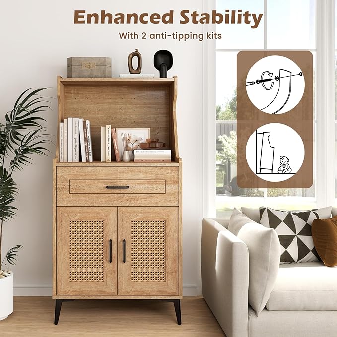 LOKO 45.5” Kitchen Pantry Cabinet, Coffee Bar Cabinet with DIY Pegboard, Rattan Buffet Sideboard with Storage Drawer & Adjustable Shelf, Mid Century Modern Hutch Cabinet for Living Room, Oak (1)