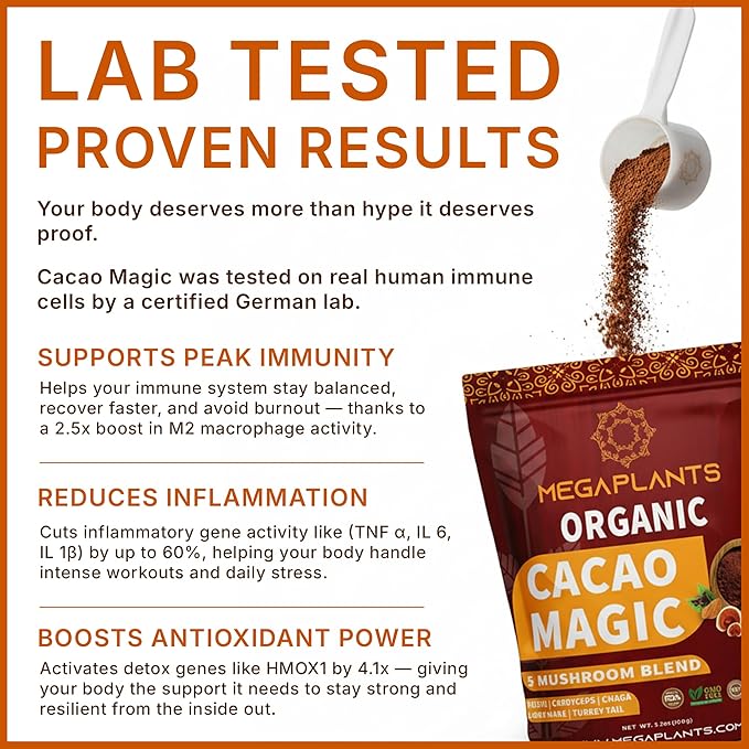 MegaPlants Cacao Magic (50 Servings) | Superfood 5 Mushroom Blend | Lions Mane, Reishi, Chaga, Cordyceps, Turkey Tail | Smoothie, Hot Chocolate, Coffee Alternative
