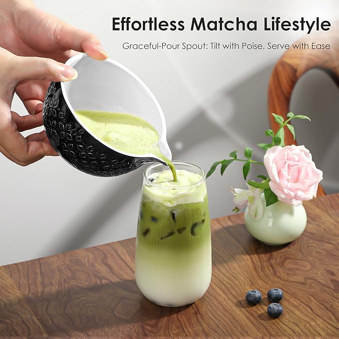 Matcha Whisk Set Matcha Kit - 7 Pcs Japanese Tea Set Includes Matcha Bowl with Spout,Bamboo Whisk with Ceramic Holder,Bamboo Scoop and Rest,Sifter,Tea Towel, for Ceremony Matcha Lovers Gift,Black