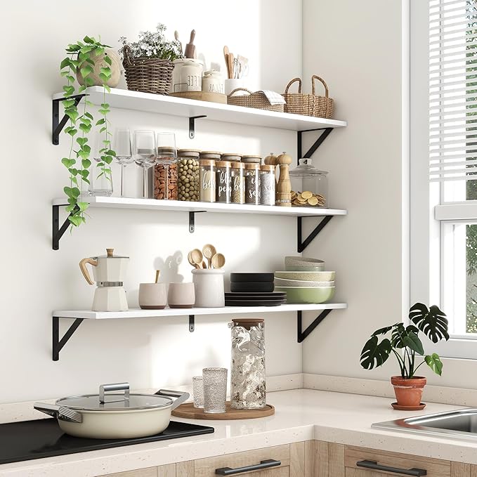 Axeman White Floating Shelves for Wall 40 Inch | 39.4W x 8D Rustic Wood Floating Shelves Set of 2 | 8" Deep Long Wall Shelves for Bathroom Kitchen Living Room | Bookshelf Display Shelves - White