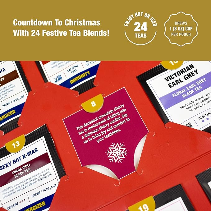 Tiesta Tea - 2025 Holiday Tea Advent Calendar, 24 Days of Premium Loose Leaf Blends Christmas Countdown, Brew Hot or Iced, Limited Edition Gift Set with 24 Sample Pouches
