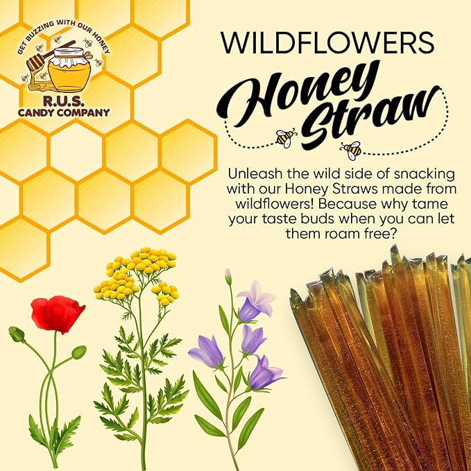 25 Pack Honey Sticks For Tea, Snacking, Single Serve Stir Sticks, Natural Flavor by R.U.S Candy Company- Honey Straws (Wildflower)