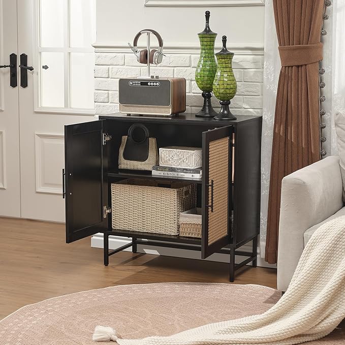 Storage Cabinet with PE Rattan Door, Sideboard Buffet Kitchen Cabinet, Modern Stylish Accent Furniture for Dining Room, Bedroom, Hallway, Living Room, Coffee Bar, Corner, Black