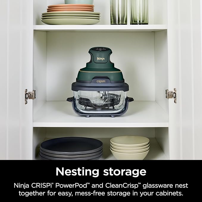 Ninja Crispi 5-in-1 Portable Glass Air Fryer, 4-QT, 2.5-QT & 6-Cup Glass Containers with Crisper Plates & Storage Lids, Microwave, Freezer & Dishwasher Safe, British Racing Green, FN103BF