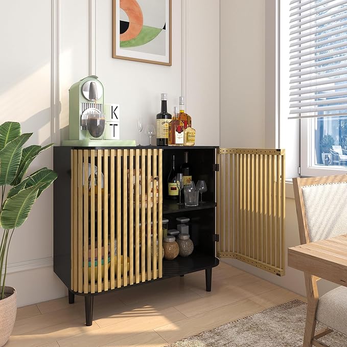Sideboard Buffet Cabinet with Slatted Bamboo Doors, 31.5" Accent Storage Cabinet with Curved Design, Coffee Bar Cabinet Credenzas for Living Room, Kitchen, Entryway