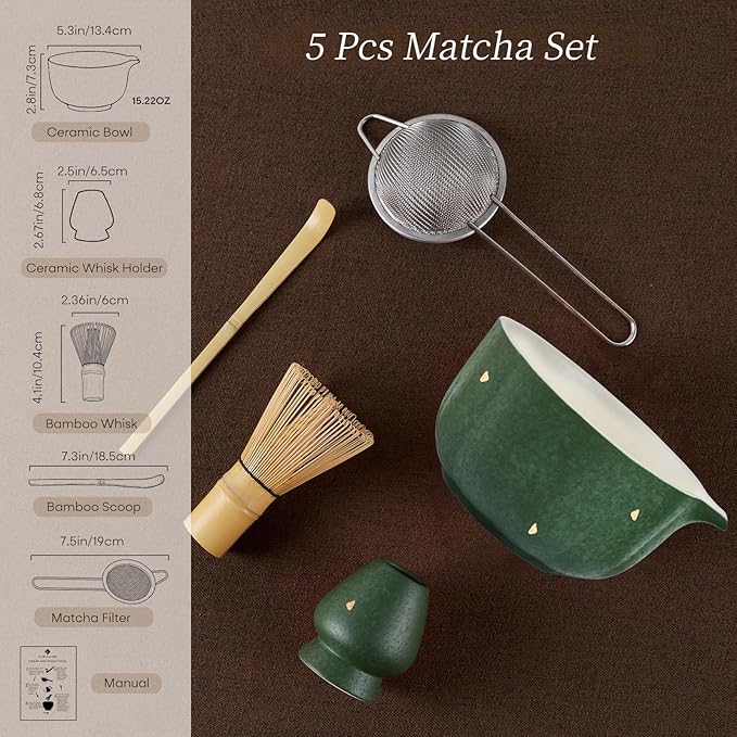 Matcha Whisk Set with Matcha Bowl, Bamboo Chasen and Whisk Holder, Scoop, Sifter, 5 PCS Matcha Kit for Women Men Ceremony, Christmas Matcha Gift Set, Green