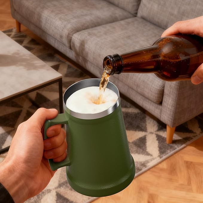 Ideus Insulated Beer Stein, 24/32oz Stainless Steel Double Walled Beer Mug Giant Bar Drinkware Metal Beer Cup with Big Grip Handle (Olive Green, 34oz (1,000ml))