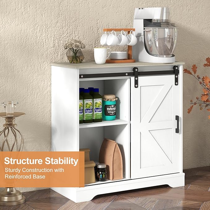 Panana Sliding Barn Door Buffet Sideboard Storage Cabinet Coffee Bar Kitchen Farmhouse Style (White Cabinet Nature Top)