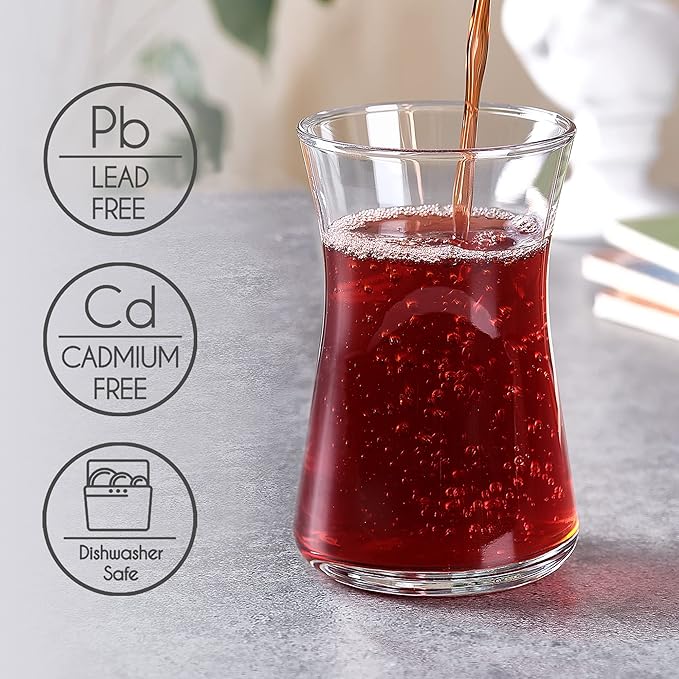 Volarium Turkish Tea Glass Cups: Traditional Tea Set of 6 with Modern Design, Tea Mugs and Coffee Mugs Clear Glasses, 5 ¾ OZ