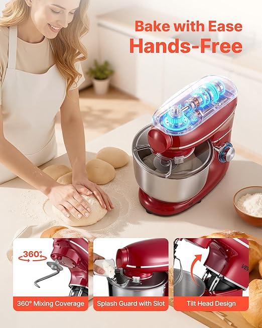 VEVOR Stand Mixer, 6 QT Electric Kitchen Mixer, 660W Dough-Mixer, 6+P Speeds Tilt-head Food-Mixer with 1.6 QT Blender Cup, Stainless Steel Bowl, Dough Hook, Whisk, Beater, for Baking, Mixing, Red