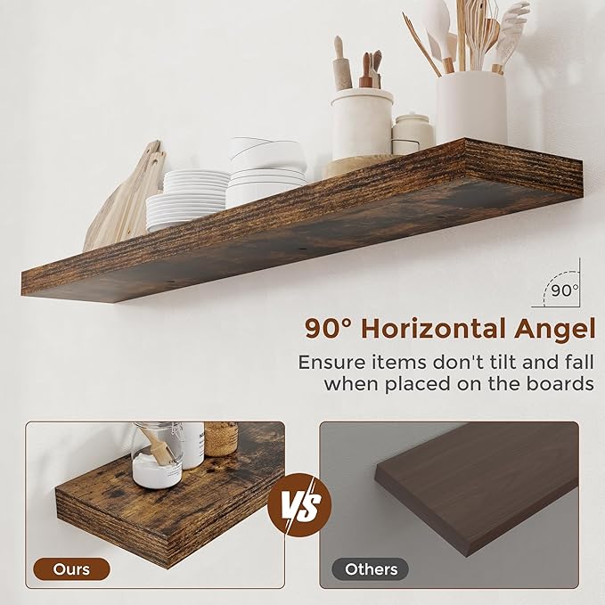 Heimlove 55 Inch Floating Shelves for Wall 8 Inch Deep Rustic Brown Shelves Set of 2,Wall Mounted Rustic Wood Long Floating Shelf，Large Extra Display & Storage Shelf with Invisible Brackets