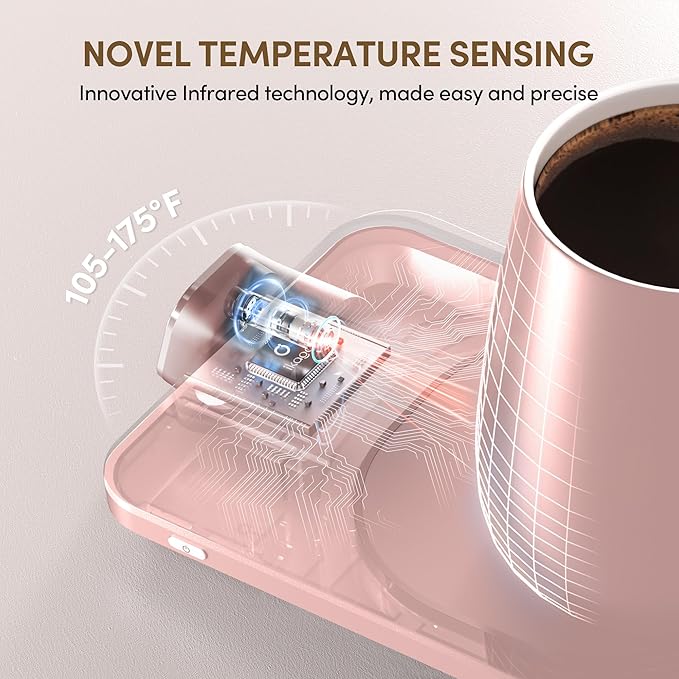 Coffee Mug Warmer Set, ±1°F Precision Temperature Control Smart Heated Mug for Desk, Electric Coffee Warmer with Auto Shut Off & Real-Time Temp Display, Gifts for Men Women, 15oz Ceramic Mug, Pink