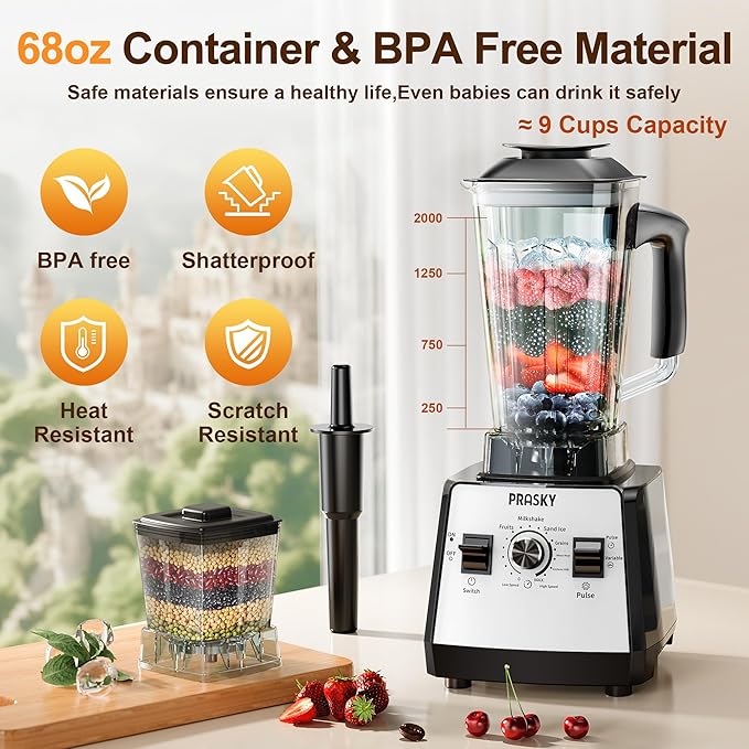 Blenders for Kitchen, Smoothie Blender, 2400W/1000W Prasky Blender & Grinder Combo, 25,000 RPM High Speed, 68oz BPA-Free Food Processor, Countertop Blender for Smoothies, Shakes & Food (White, 2L)