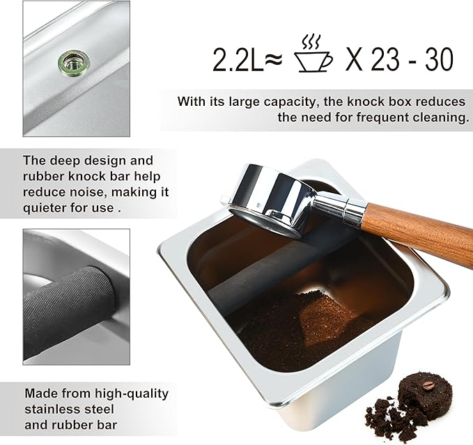 Stainless Steel Coffee Knock Box, Square Espresso Knock Box, Large Capacity Coffee Accessories, Easy to Clean Espresso Accessories for Home, Kitchen, Cafe, and More