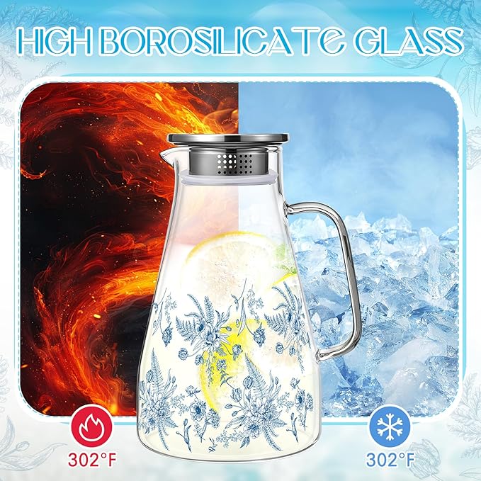 Domensi 74 oz / 2200 ml Glass Pitcher with Lid Water Pitcher with Handles Beverage Water Jar Glass Jug Hot and Cold Resistant Carafe for Tea Juice Milk Coffee Iced Beverage(Retro Flowers)
