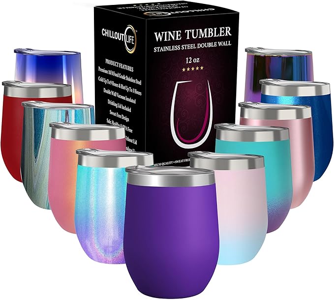 CHILLOUT LIFE 12 oz Stainless Steel Wine Tumbler with Lid - Double Wall Vacuum Insulated Wine Cup Glass Keeping Cold & Hot for Coffee, Champagne, Cocktails, Ice Cream - Powder Coated Purple
