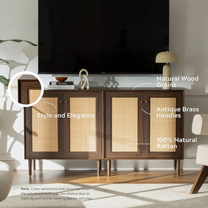 Natural Rattan Cabinet Sideboard with Storage, Boho Free Standing Buffet Kitchen Coffee Bar Accent Cabinet Farmhouse Credenza for Entryway, Living Room (Square Doors/Brown)