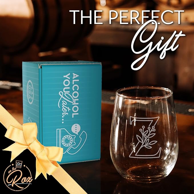 On The Rox Drinks Monogrammed Gifts For Women and Men - Letter A-Z Initial Engraved Monogram Stemless Wine Glass - 17 Oz Personalized Wine Gifts For Women and Men (Z)