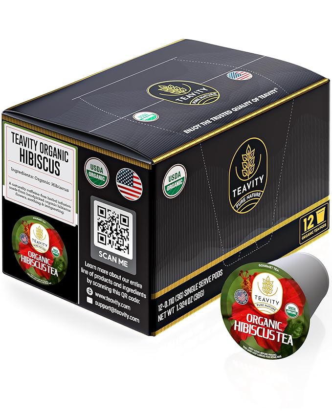 Organic Hibiscus Sabdariffa Tea Organic Naturally Decaf Tea Pods for Keurig by Teavity (12 Tea Pods)