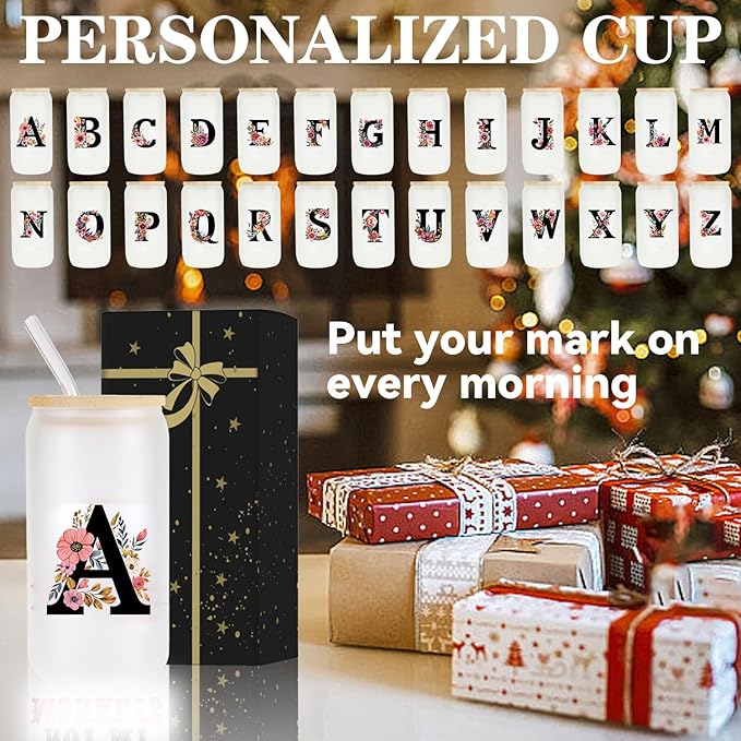 Monogrammed Glass Drinking Cup With Lid Straw Personalized Customized Post Cards Women Gift Flight Attendant Pet Sitter Secretary Hairdress Caregiver Musicians Cheerleaders Hairstylist Nanny,F