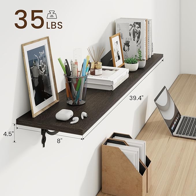 RICHFOCUS Floating Shelves for Wall Decor, 39.4W x 8D Shelves Set of 2, 8 Inch Deep Rustic Wood Shelves Wall Mounted with Brackets, Long Floating Shelves for Living Room Bedroom Kitchen, Black
