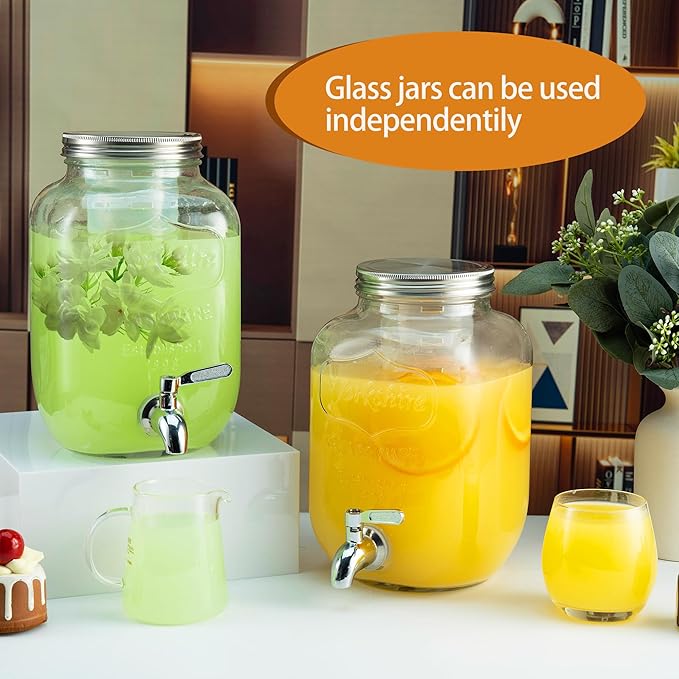 1 Gallon Glass Drink Dispensers for Parties, 2PACK Beverage Dispenser with Stand, Ice Cylinder and Stainless Steel Spigot 100% Leakproof, Beverage Dispenser for Lemonade Sun Tea