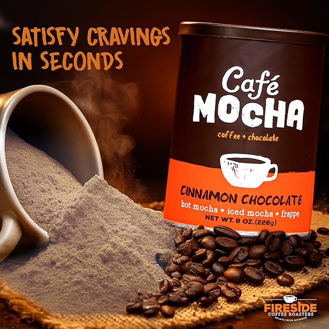 Fireside Coffee Cinnamon Chocolate Cafe Mocha - Instant Coffee Chocolate Blend - Premium Caffeinated Drink Mix for Hot, Iced, Milkshake, and Mocha Frappe Mix, Only Add Water and Enjoy, 8 Ounces