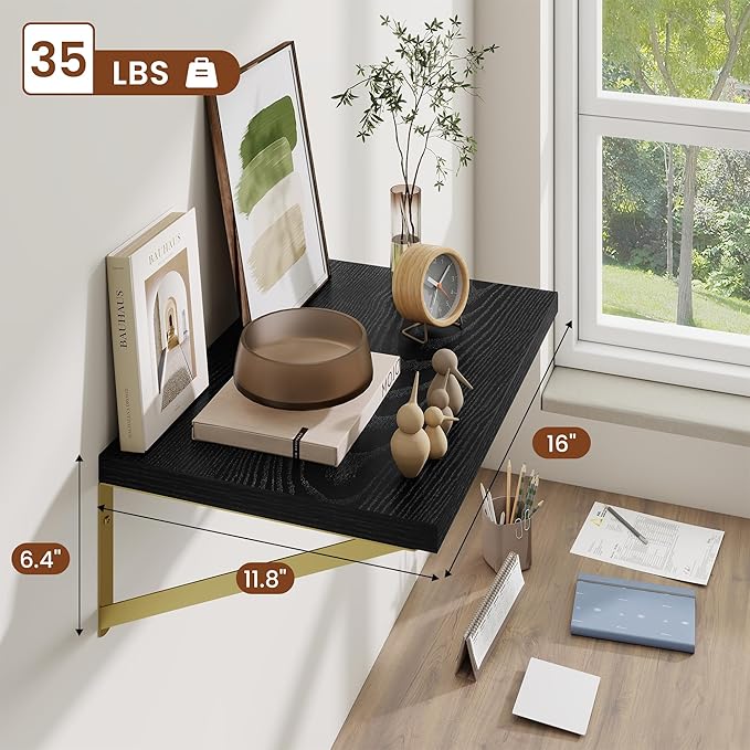 Deep Wall Shelves 16"W x 12"D Engineered Wood Floating Shelves for Wall, Sturdy Metal Bracket(Gold) Bookshelves Home Decor Storage for Living Room Bedroom Bathroom Kitchen, Set of 2, Black Finish