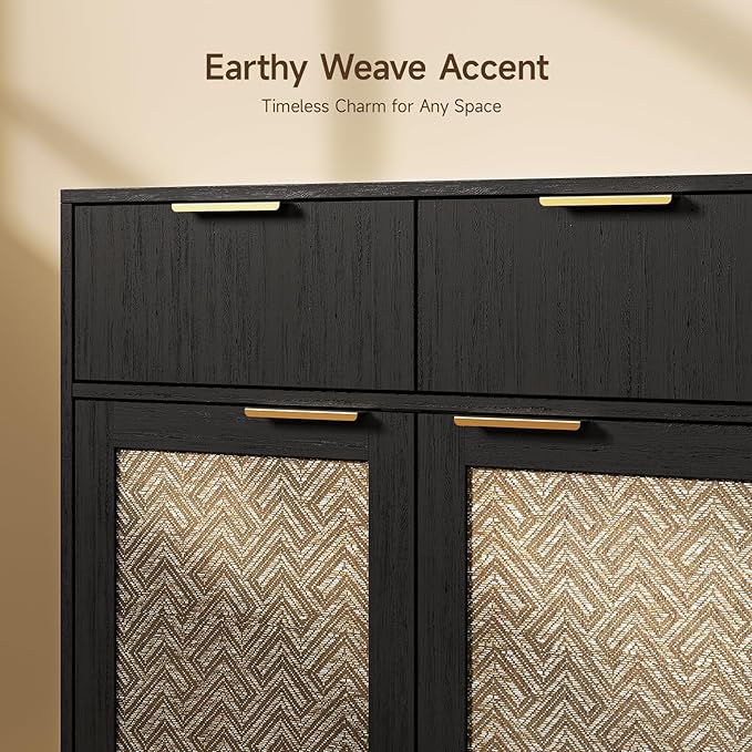 ONBRILL Sideboard Buffet Cabinet with 2 Drawers, Coffee Bar Cabinets with 2 Doors, Boho Farmhouse Accent Credenza Buffet Table Console Cabinet with Adjustable Shelves for Living Room, Entryway, Black