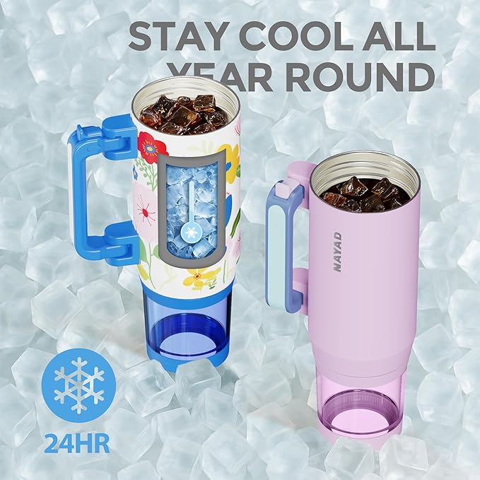 NAYAD 22 oz Flip Straw Tumbler with Handle & 10oz Snack Container Insulated Stainless Steel Water Bottle with Foldable Handle Dual Lids for Travel Gym Car Daily Use Christmas gifts (pink)