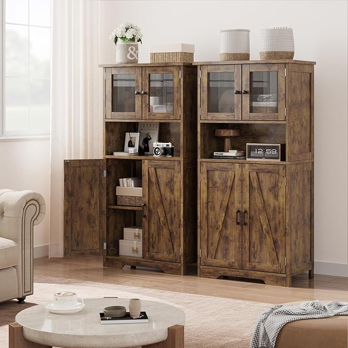 Storage Cabinets, 54 Inch Tall Hutch Bar Cabinet with Glass Doors and Adjustable Shelves, Wooden Kitchen Pantry Storage Cabinet, for Living Room,Rustic Brown