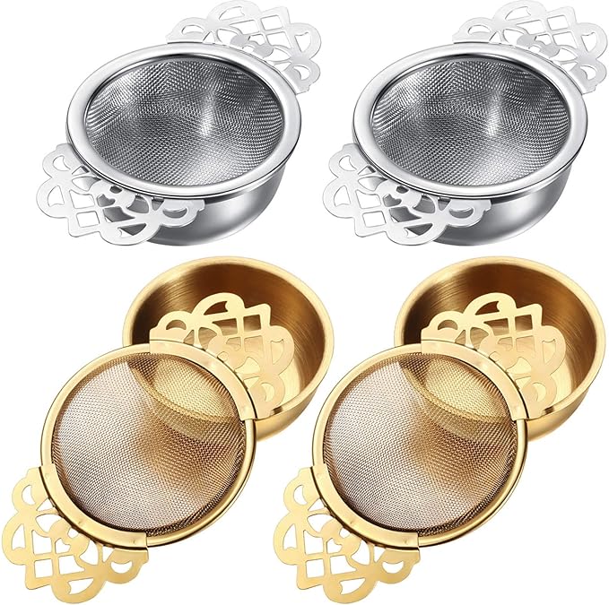 Hotop Empress Tea Strainers with Drip Bowls, Mesh Tea Infuser Stainless Steel Loose Leaf Residue Filter with Handles for Better Residue Experience(4 Pieces,Silver and Gold)