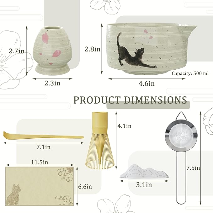 Complete 8-Piece matcha set – Cute Cat Print matcha bowl and whisk, Bamboo Accessories & Premium matcha tools for Home Tea Rituals, Mindful Gift for Tea Lovers