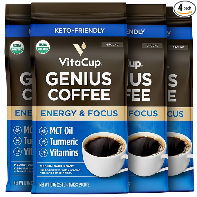 VitaCup Organic Genius Ground Keto Coffee, Increase Energy & Focus w/MCT Oil, Turmeric, B Vitamins, D3, USDA Organic Ground Coffee Medium Dark Roast, 100% Arabica Coffee Grounds, 4 bags, 10 oz each