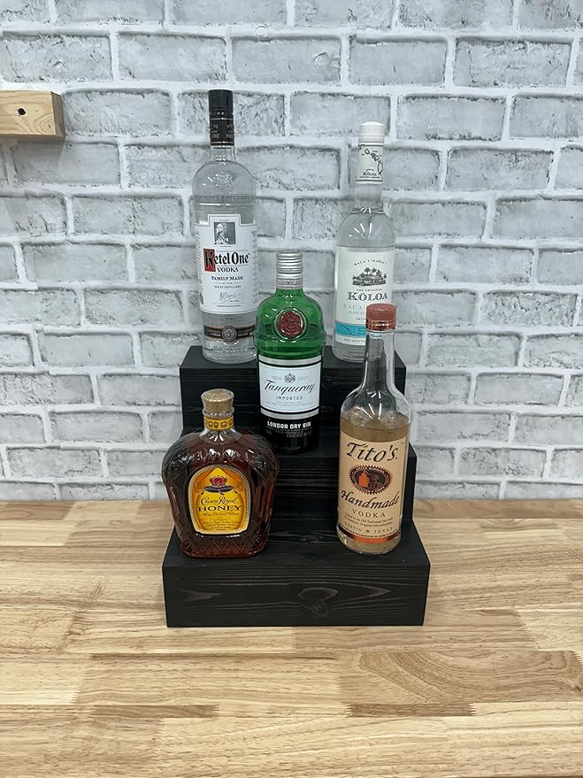 Handmade Tiered Display Shelving - Three Tier Bar Display - Bar Organizer - Liquor Bottle Display (12" without Back, Black)