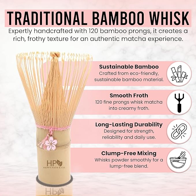 HAPPY PATH & CO Matcha Whisk Set | 6 Pcs Matcha Tea Set Includes Bamboo Whisk(Chasen) with Holder & Bowl with Spout, Sifter, Scoop & Stand - Perfect Matcha Kit Set for Matcha Lovers (Pink Blossom)