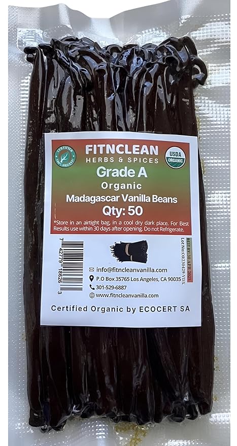 50 Organic Grade A Madagascar Vanilla Beans. Certified USDA Organic for Extract and All Things Vanilla. ~5" by FITNCLEAN VANILLA. Bulk Fresh NON-GMO Pods.