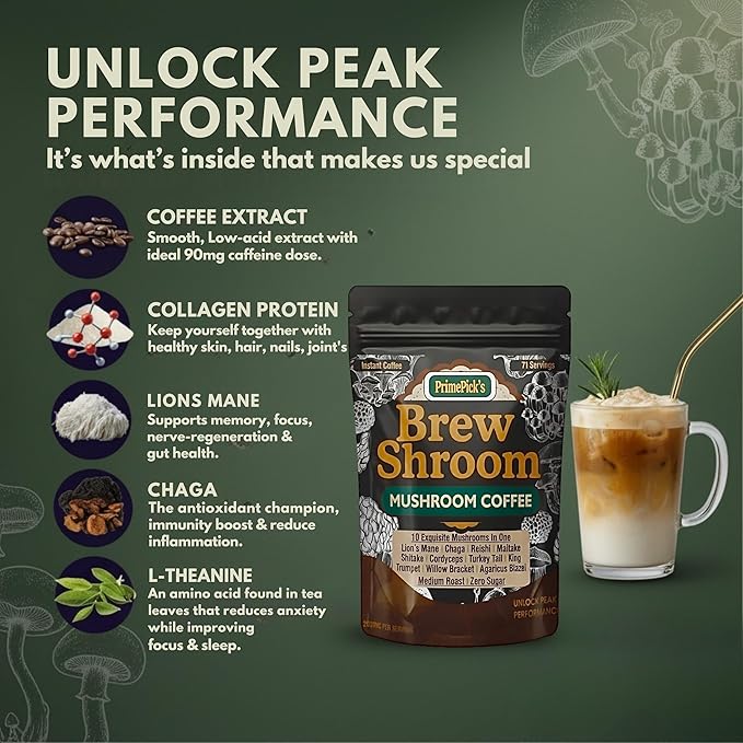 PrimePick's Brewshroom 10 in 1 Mushroom Coffee with 2000mg Adaptogenic Mushrooms, Instant, Arabica Medium Roast, Gluten-Free, Jitter-Free, No Added Sugar, Supports Gut Health & Immunity - 5 oz