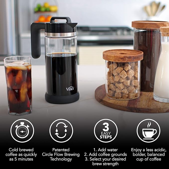 VINCI Express Cold Brew, Electric Cold Brew Coffee Maker in 5 minutes, Glass Carafe, 4 Brew Strength Settings & Cleaning Cycle, Easy to Use & Clean, Cold Brewer for Iced Coffee, 1.4 L Dial Control