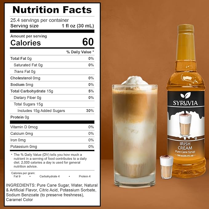 Syruvia Coffee Syrup, Irish Cream Flavored Syrup for Drinks, Lattes, and Desserts – 25.4 fl oz
