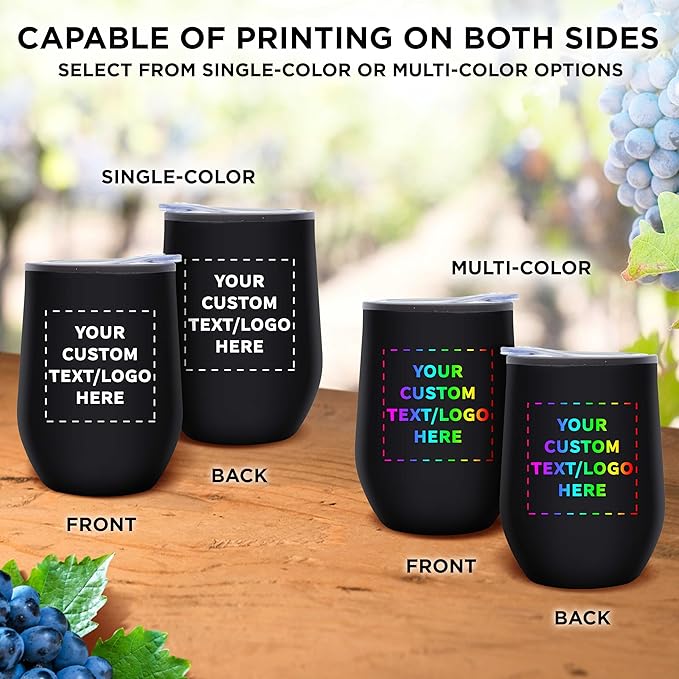 Custom Stemless Wine Tumblers 12 oz. Set of 12, Personalized Bulk Pack - Insulated, Perfect for Wine, Cocktails, Other Hot & Cold Beverages - Black