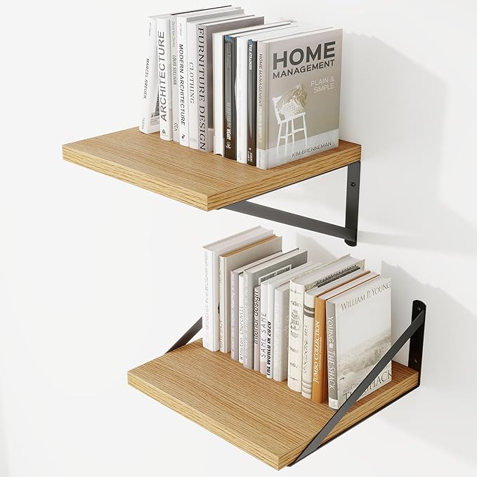 Deep Wall Shelves 12"W x 12"D Engineered Wood Floating Shelves for Wall, Sturdy Metal Bracket Bookshelves Home Decor Storage for Living Room Bedroom Bathroom Kitchen, Set of 2, Oak Finish