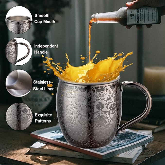 Moscow Mule Mugs - 18 Oz Copper-Plated Fine Craftsmanship Etched Mugs,304 Stainless Steel-Lined Mule Cups,For Cold Drinks, Beer, Wine, Bars, Parties