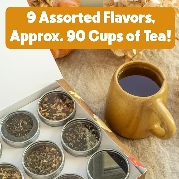 Heavenly Tea Leaves Organic Wellness Tea Sampler (Approx. 90 Cups of Tea), 9 Assorted Loose Leaf Teas & Herbal Tisanes - Great Hot or Iced, High & No Caffeine Teas, Gift Ideas for Her