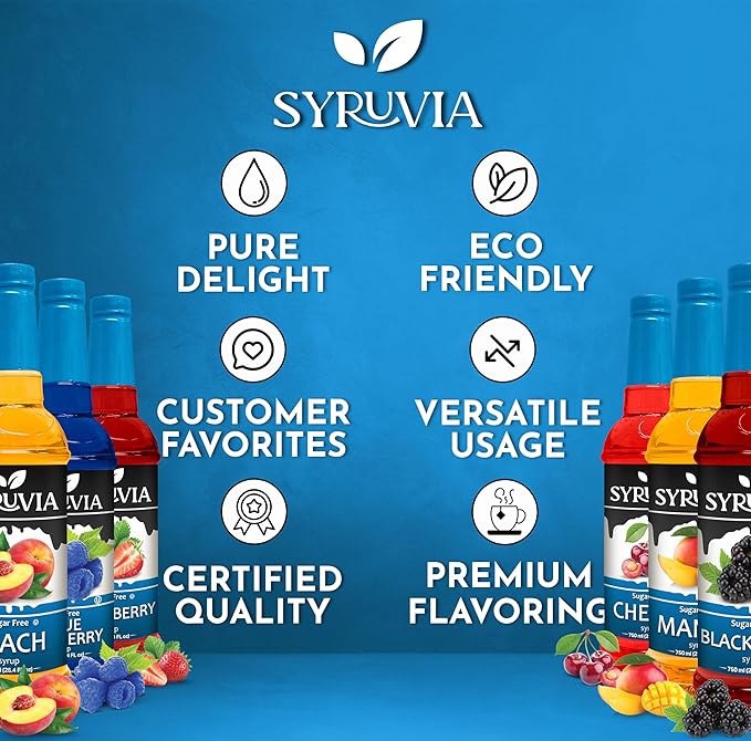 Syruvia Sugar Free Coffee Syrup Variety Pack: Peach, Strawberry, Blackberry, Mango, Cherry & Blue Raspberry - Gluten-Free, Kosher, 25.4 fl oz Bottles - Enhance Your Coffee Experience