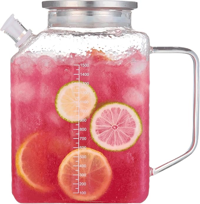 Purefold 1.5 Liter/50 oz Water Pitcher with Full Seal Lid and Spout, High Borosilicate Glass Jug, Leakproof Fridge Door Carafe for Iced Tea, Coffee, Juice, Milk Beverage (Textured)