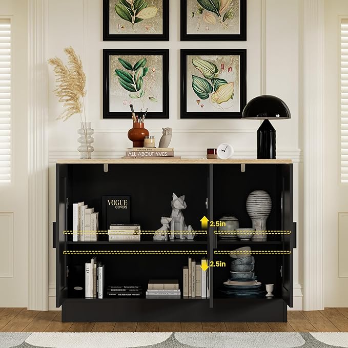 Anystyle 43" Black Buffet Cabinet with Black Handles, Small Kitchen Sideboard with 3 Doors & Adjustable Shelves, Modern Entryway Credenza & TV Console Table for Living Room, Dining Room