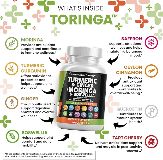 Turmeric Moringa Supplement | Ginger Boswellia Saffron - Supplement for Women and Men with Ceylon Cinnamon, Tart Cherry, Quercetin Garlic Nettle Holy Basil - 5Pack